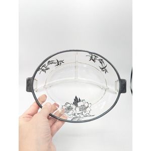 Vintage Clear Elegant Glass Silver overlay divided dish Floral Flower 9"